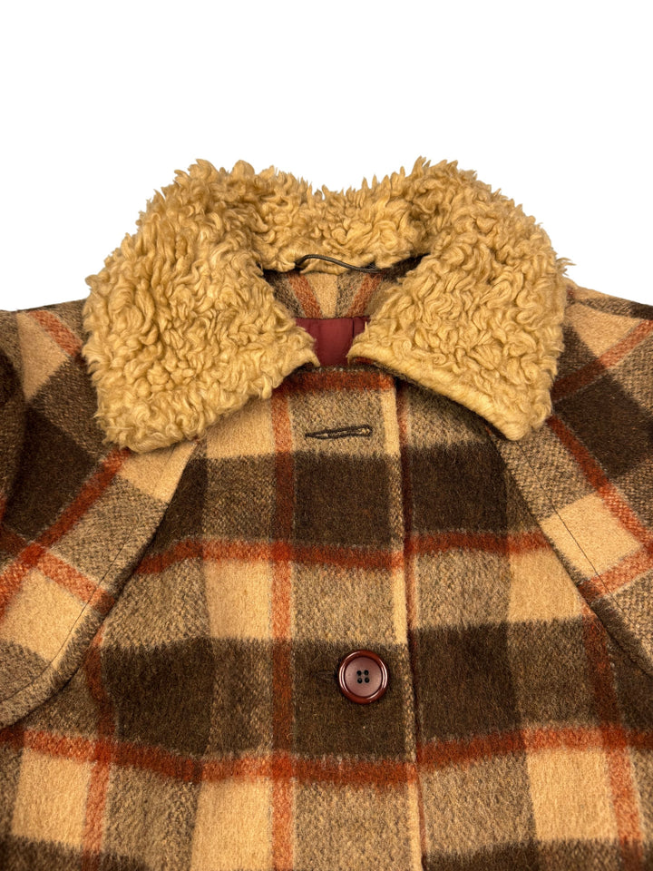 C&A Wool Blend Checkered Overcoat with Faux Fur Collar - M
