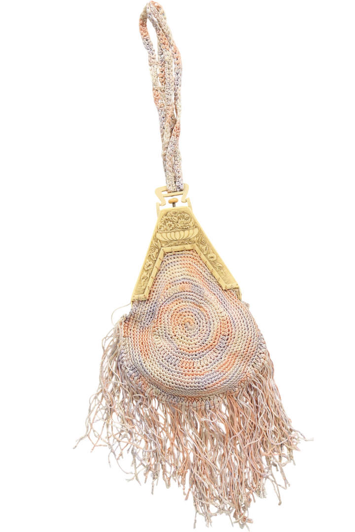 Blonde Bakelite Crochet Fringe Bag - Think Vintage