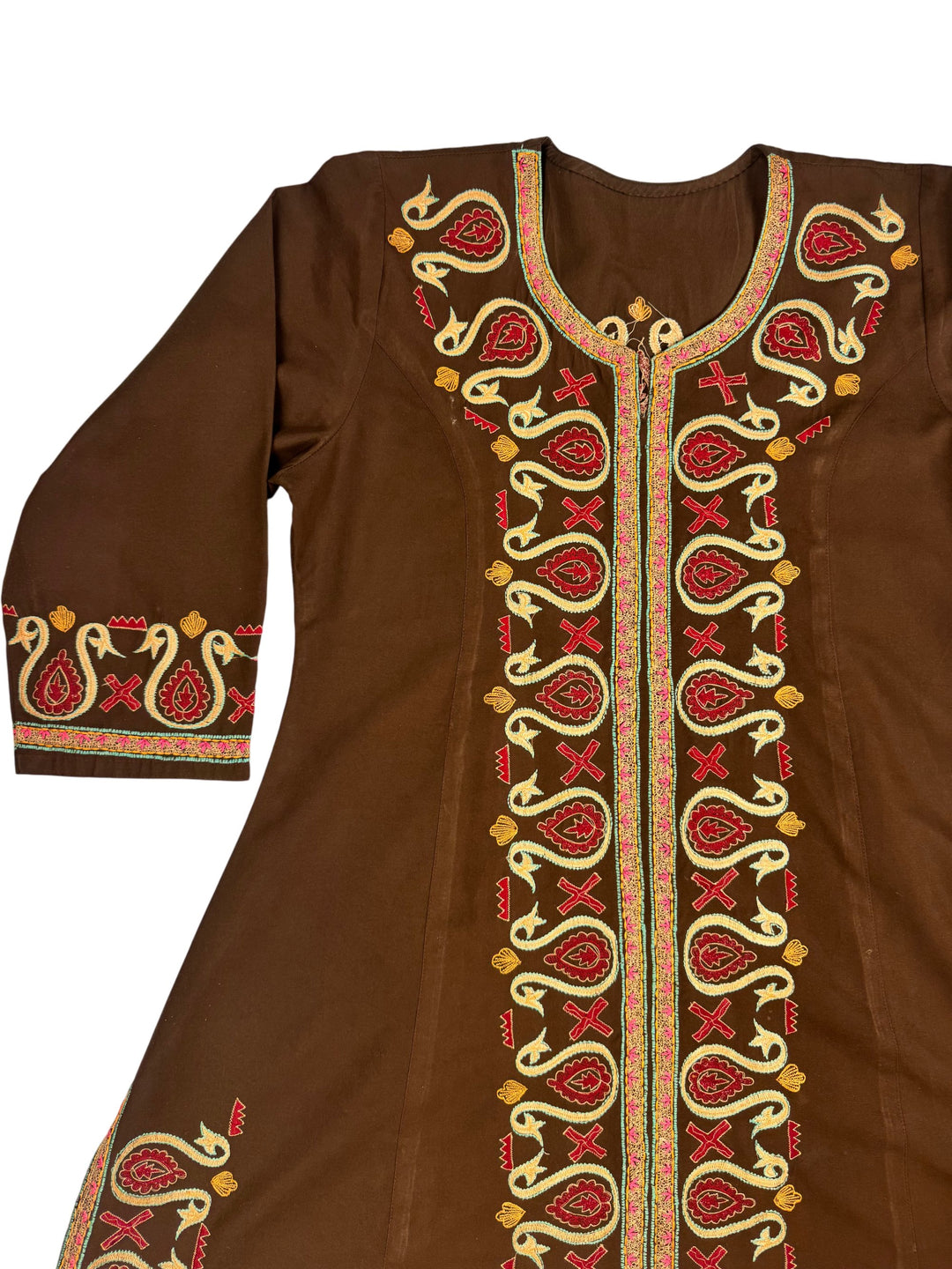 Embroidered Brown Dress - M - Think Vintage