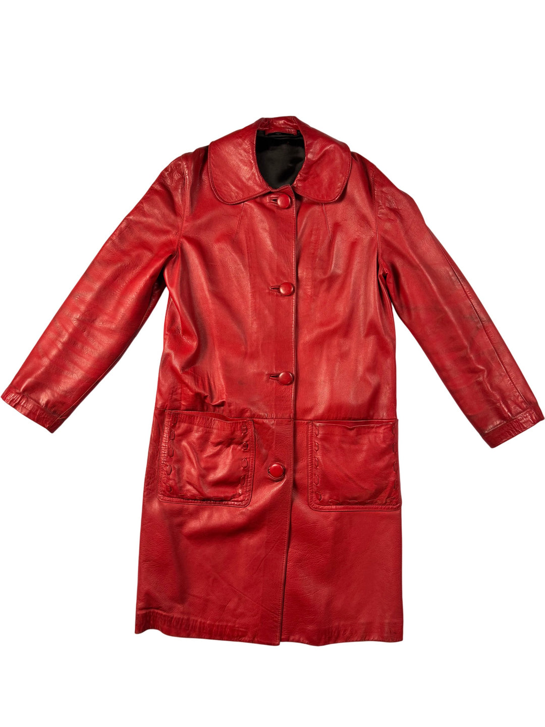 Red Leather Long Coat - Think Vintage