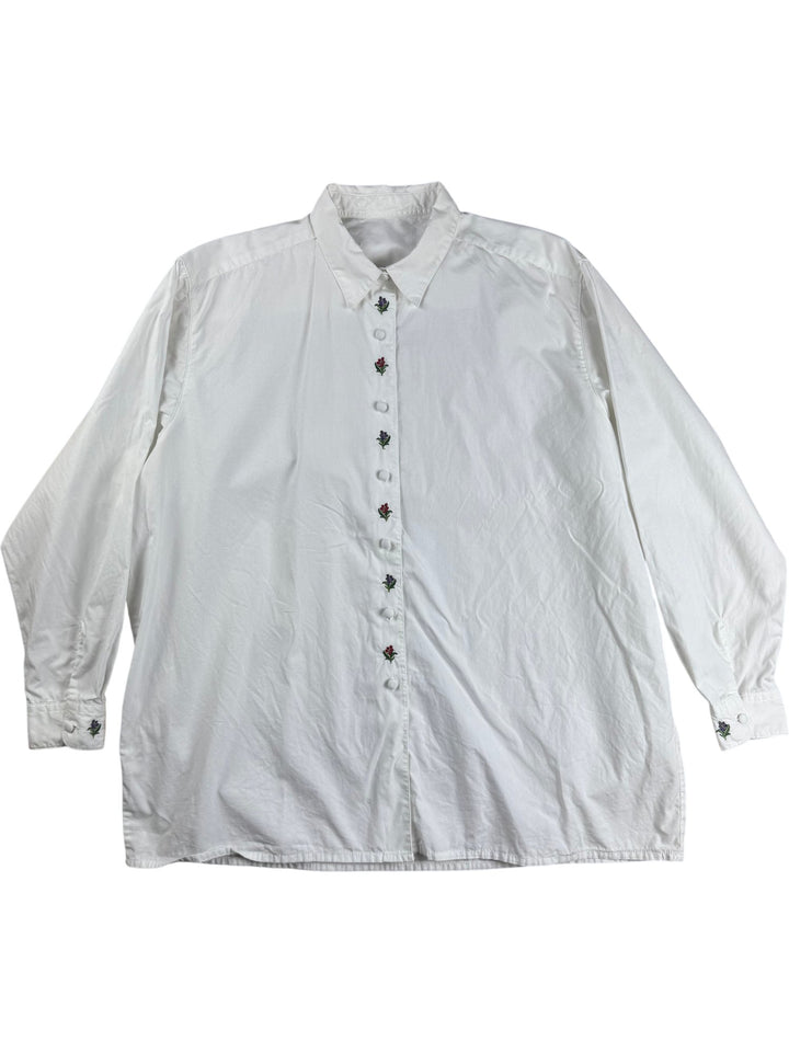 White Floral Embroidered Button-Up Shirt- XL