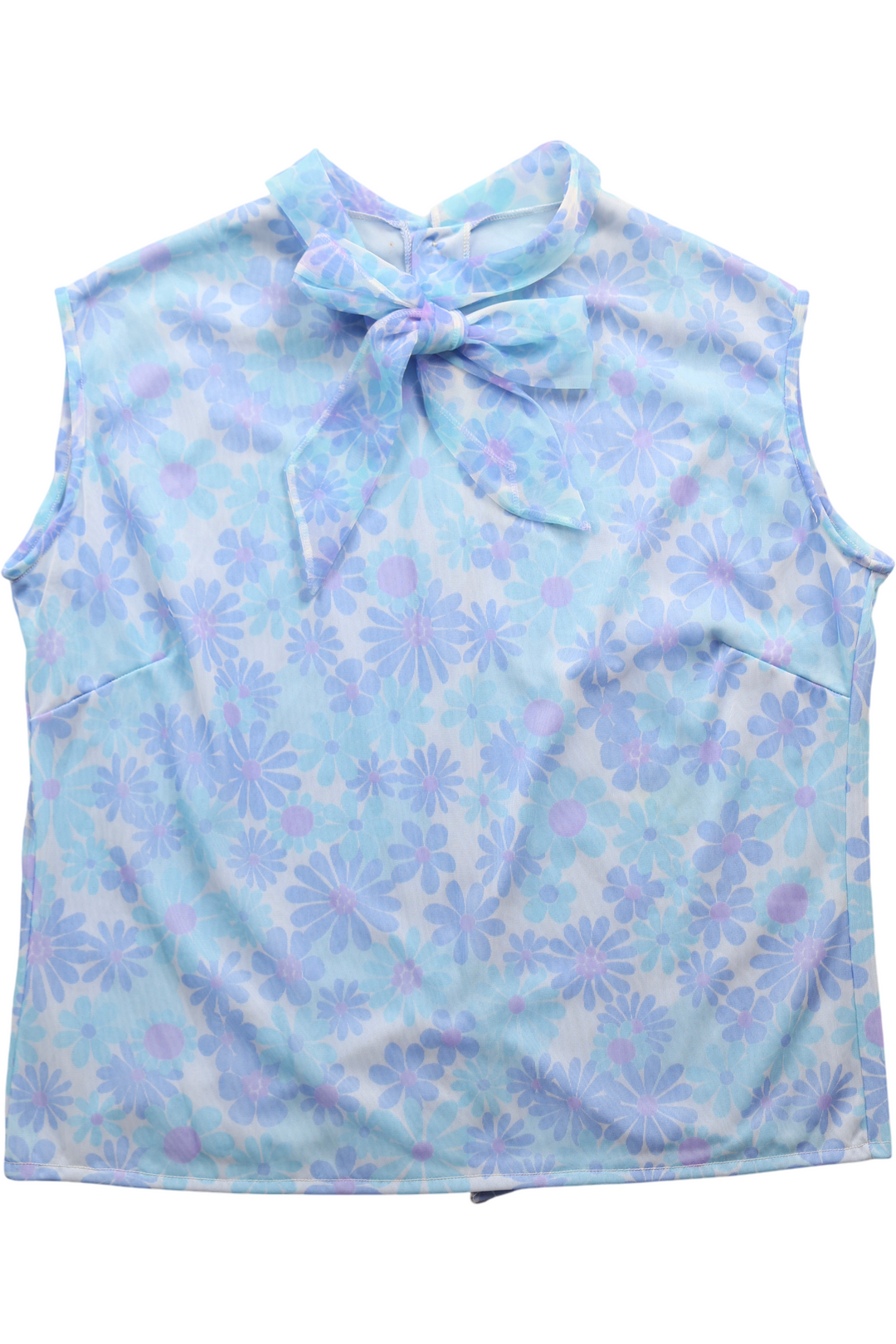 60's Sleeveless Floral Blouse with Pussy Bow Neck - Think Vintage