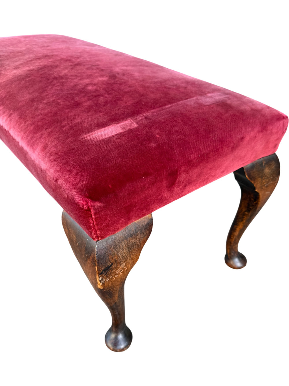 Red Velvet Footstool with Wooden Legs - Think Vintage