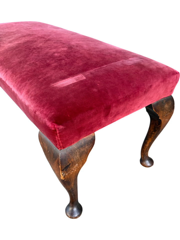 Red Velvet Footstool with Wooden Legs - Think Vintage