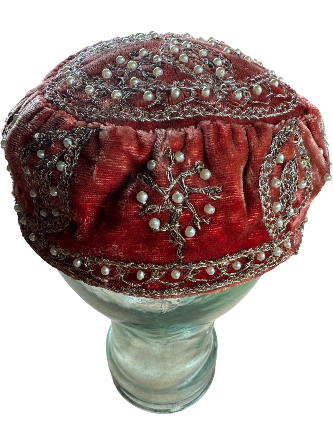 Embroidered Velvet Cap with Pearls