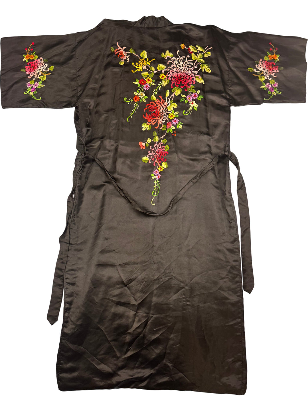 Embroidered Black Kimono with Floral Design - M - Think Vintage