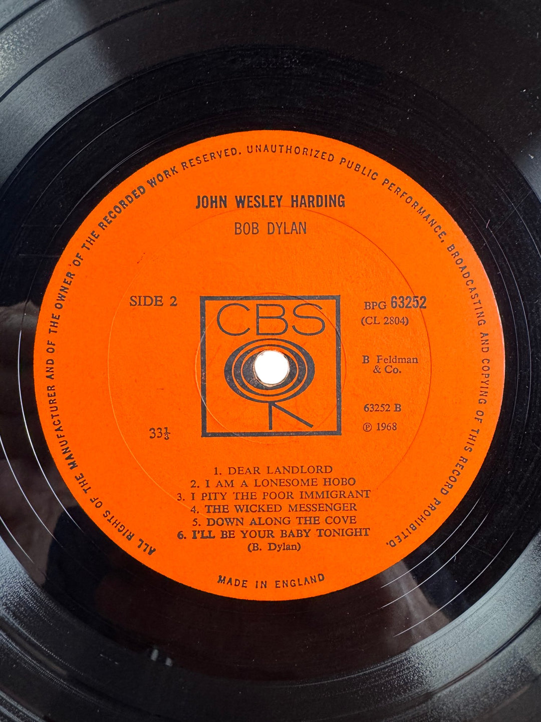 Bob Dylan John Wesley Harding Vinyl Record - Good+