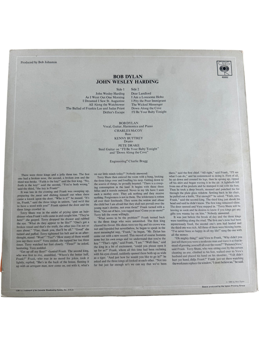 Bob Dylan John Wesley Harding Vinyl Record - Good+