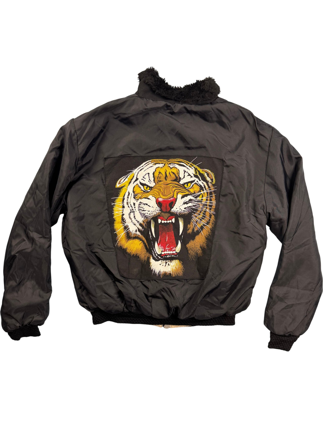 Embroidered Tiger Bomber Jacket with Faux Fur Collar - L
