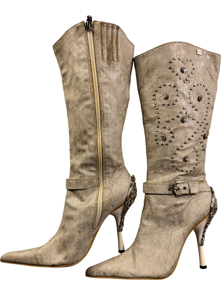 Embellished Knee-High Heeled Boots - SIZE 4