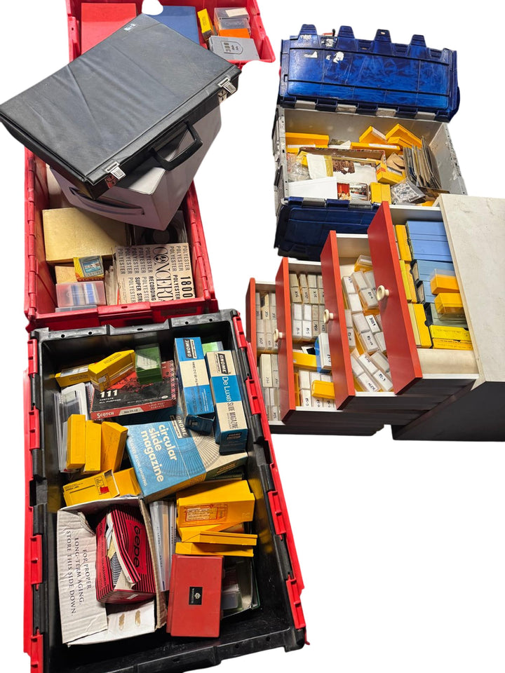 30+ Packing boxes of an unchecked collection of Photographic Slides & Cine Films - Think Vintage