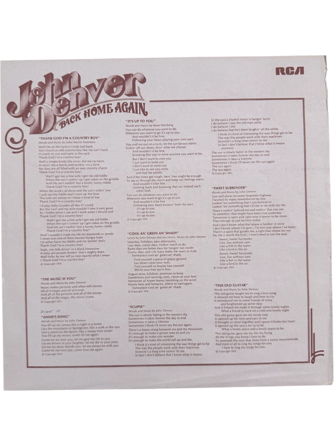 John Denver Back Home Again LP Record