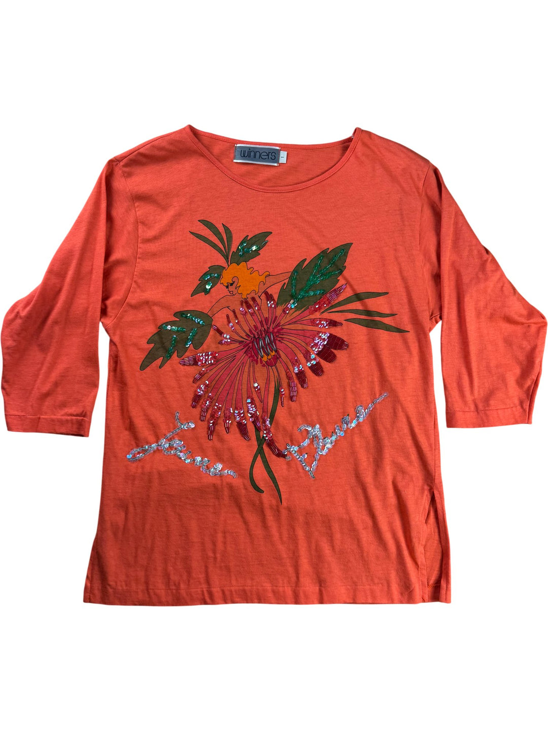 Orange Cotton Floral Print Top - M