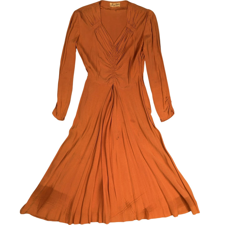 Mary Agnes 1930s Rust Pleated Long Sleeve Dress - S - Think Vintage